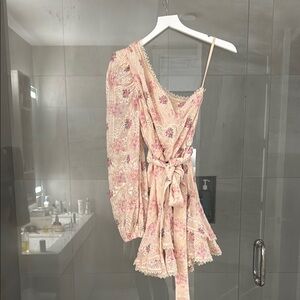 HEMANT & NANDITA Cream Floral One-Shoulder Mini Dress